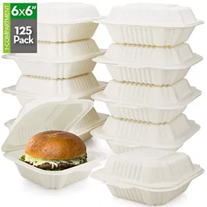 125 Count Eco Friendly Take Out Food Containers, 6" x 6", 1-Comp. - Non-Soggy, Leak Proof, Disposable To Go Containers Made From Cornstarch