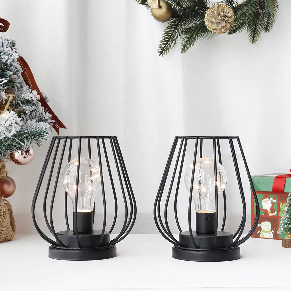 2 Set ofMetal Battery Operated Lamp 7'' Tall Mini Cage Shape Cordless Table Lamp Battery Lanterns with Warm Fairy Lights Bulb for Patio Garden Wedding Parties Indoor Outdoor(Black)