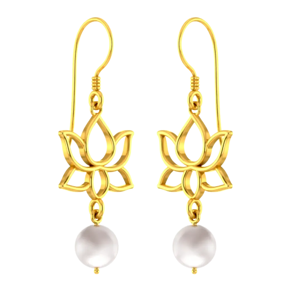 22k Unique Earrings With Gold Lotus Design And A Hanging Pearl