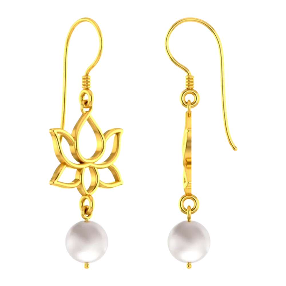 22k Unique Earrings With Gold Lotus Design And A Hanging Pearl