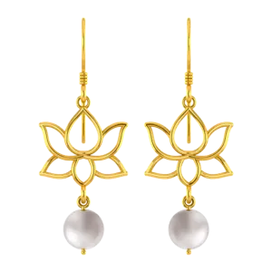 22k Unique Earrings With Gold Lotus Design And A Hanging Pearl