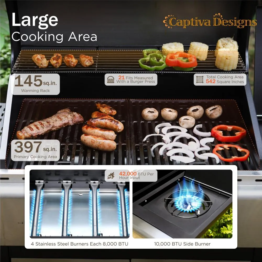 Captiva Designs Patio Outdoor Portable Propane BBQ Gas Grill with 4 * 8000 BTU Grilling Burners and 10,000 Side Burner