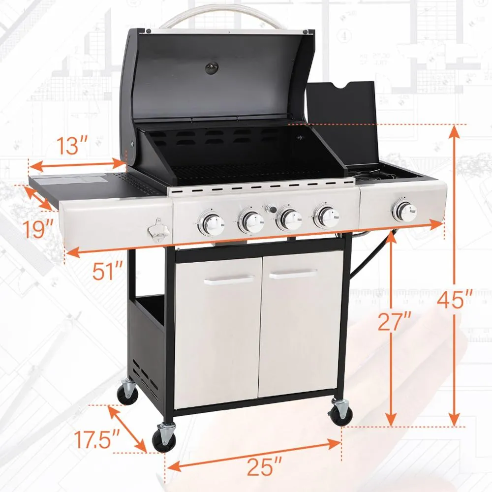 Captiva Designs Patio Outdoor Portable Propane BBQ Gas Grill with 4 * 8000 BTU Grilling Burners and 10,000 Side Burner