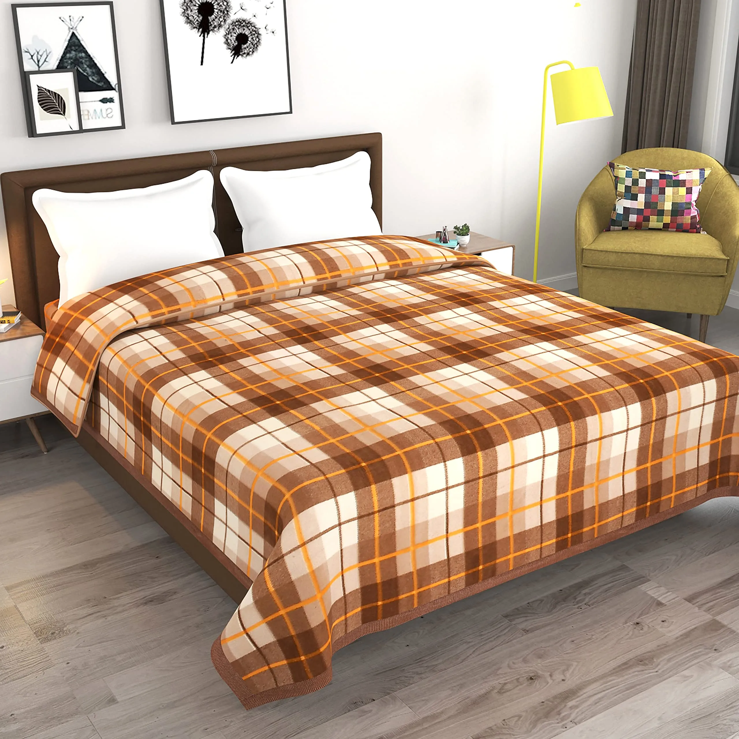 Goyal's ® Check Fleece AC Blanket (Microfibre, Multicolor, Size- 60x90 in) - Brown & Off White