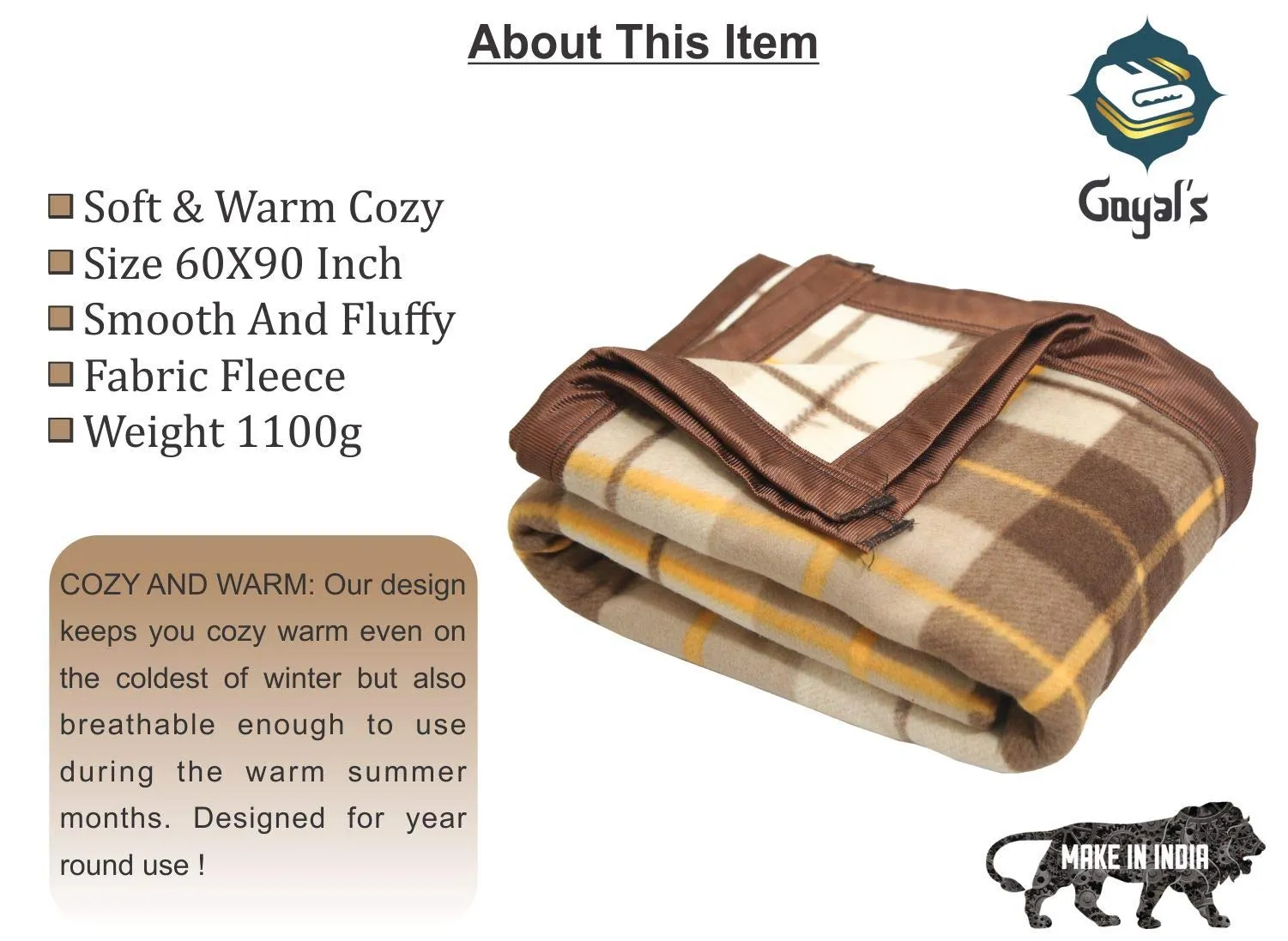 Goyal's ® Check Fleece AC Blanket (Microfibre, Multicolor, Size- 60x90 in) - Brown & Off White