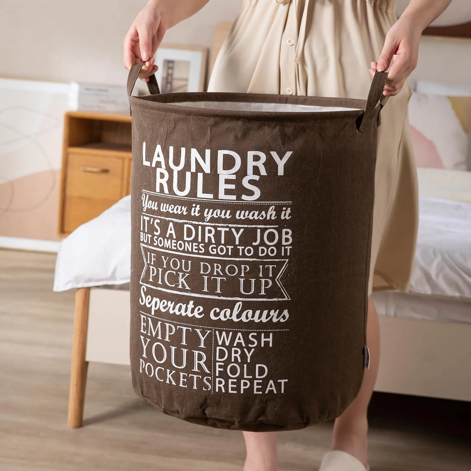 HOKIPO Folding Laundry Clothes Storage Basket - Large 63 Ltr, Brown