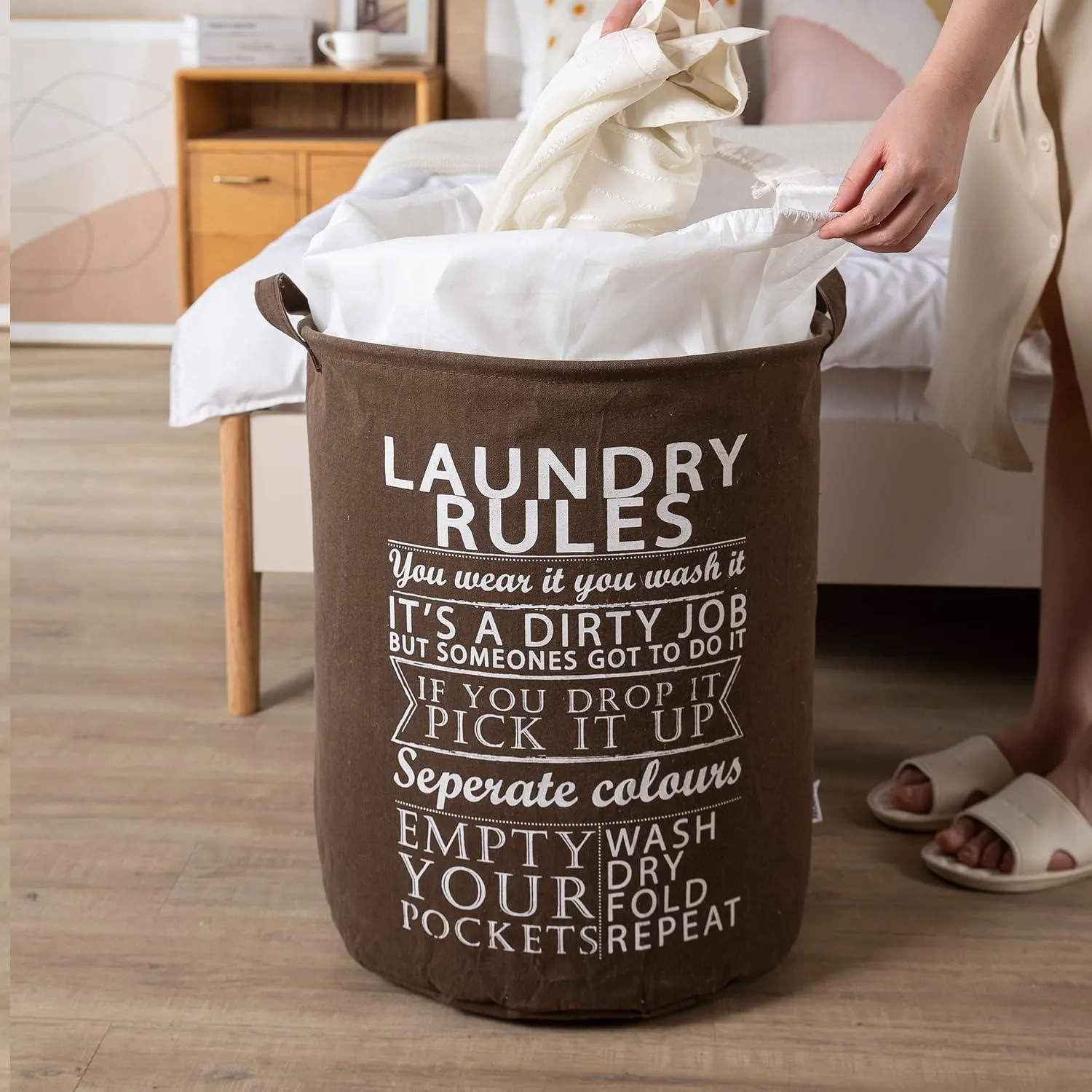 HOKIPO Folding Laundry Clothes Storage Basket - Large 63 Ltr, Brown