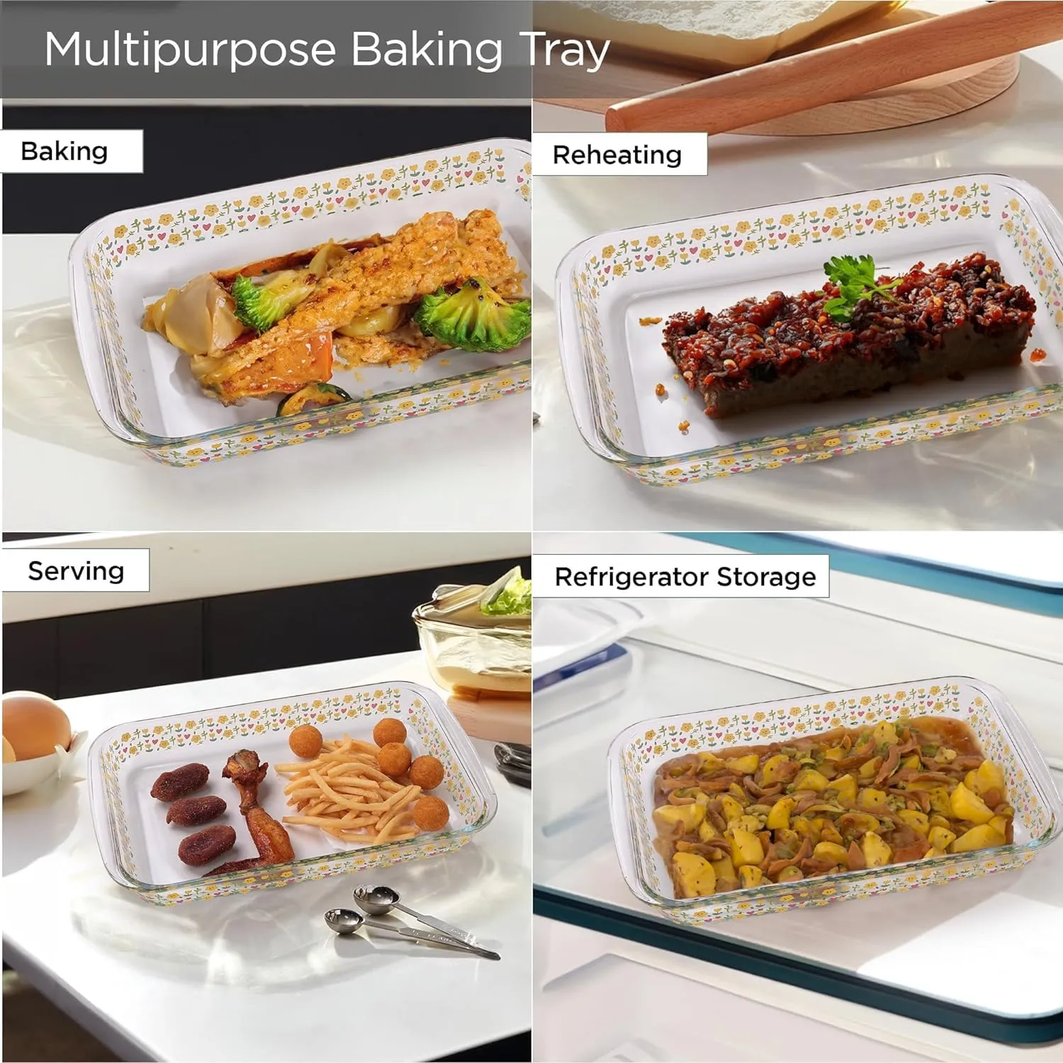 Homestic 3000 ml Borosilicate Printed Glass Baking Tray | Transparent Microwave Oven Safe Utensils | Rectangular Bread Moulds for Baking | Dishwasher Safe | Multipurpose use Serving Tray