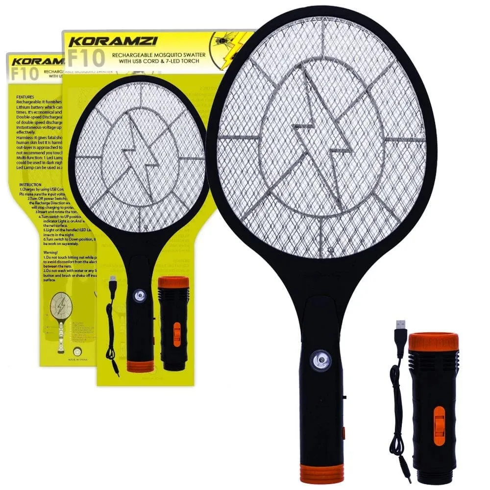 Koramzi Electric Mosquito Swatter Bug Zapper with Rechargable Battery, Handle light and Removable Flashlight