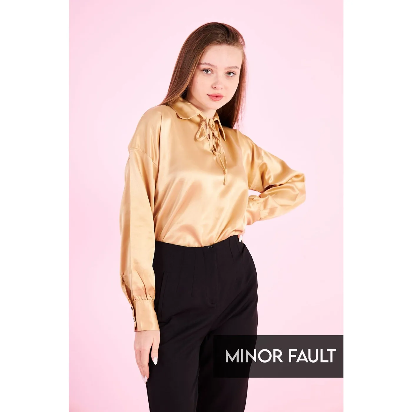 (Minor Fault) Gold Knotted Collar Satin Top