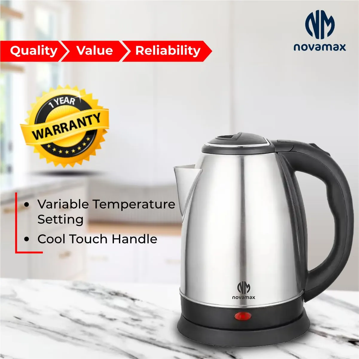 Novamax High Grade Multi-Purpose Stainless Steel Electric Kettle For Instant Water Boiling 1500 Watts, 1.8 Litres (Black)