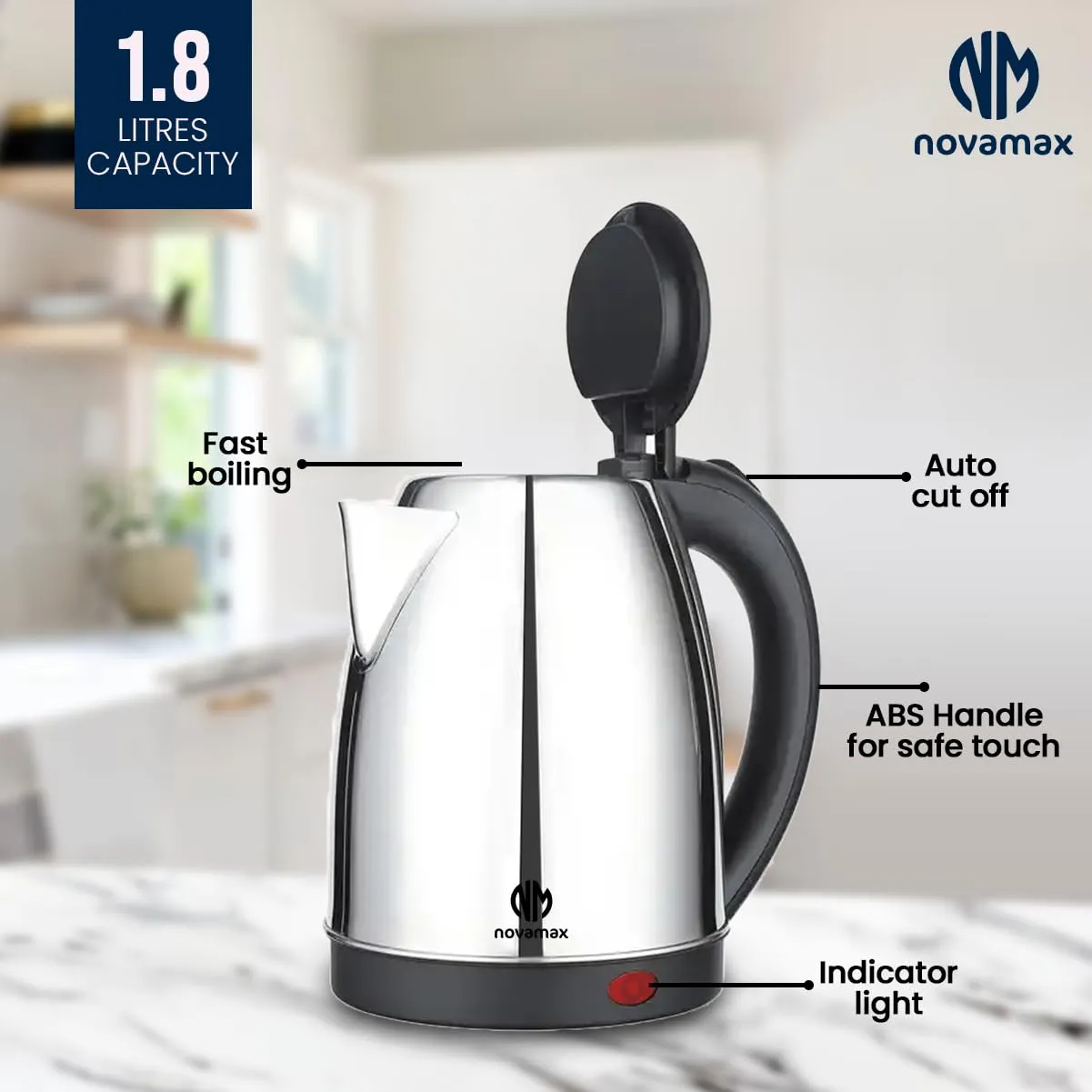 Novamax High Grade Multi-Purpose Stainless Steel Electric Kettle For Instant Water Boiling 1500 Watts, 1.8 Litres (Black)