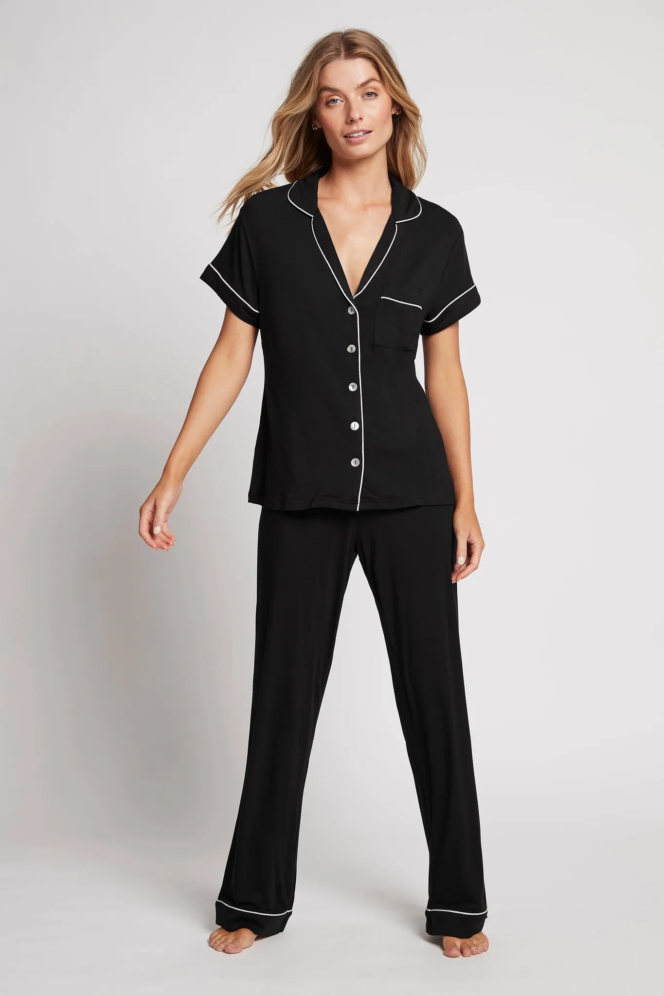 Petra Tencel™ Short Sleeve with Long Pant Pyjama Set - Black with Blush Piping