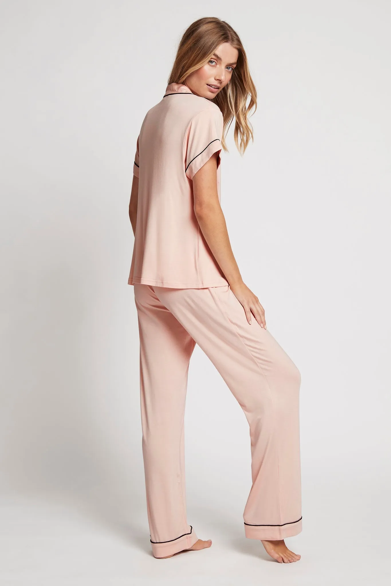 Petra Tencel™ Short Sleeve with Long Pant Pyjama Set - Blush with Black Piping