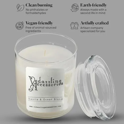 Vedazzling Accessories Vanilla and Ocean Blend Soy Wax Candle - Wick, Handpoured in NYC, 50 Hours Burn Time, Paraffin-Free, Eco-Friendly