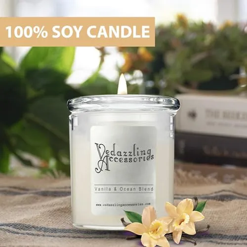 Vedazzling Accessories Vanilla and Ocean Blend Soy Wax Candle - Wick, Handpoured in NYC, 50 Hours Burn Time, Paraffin-Free, Eco-Friendly