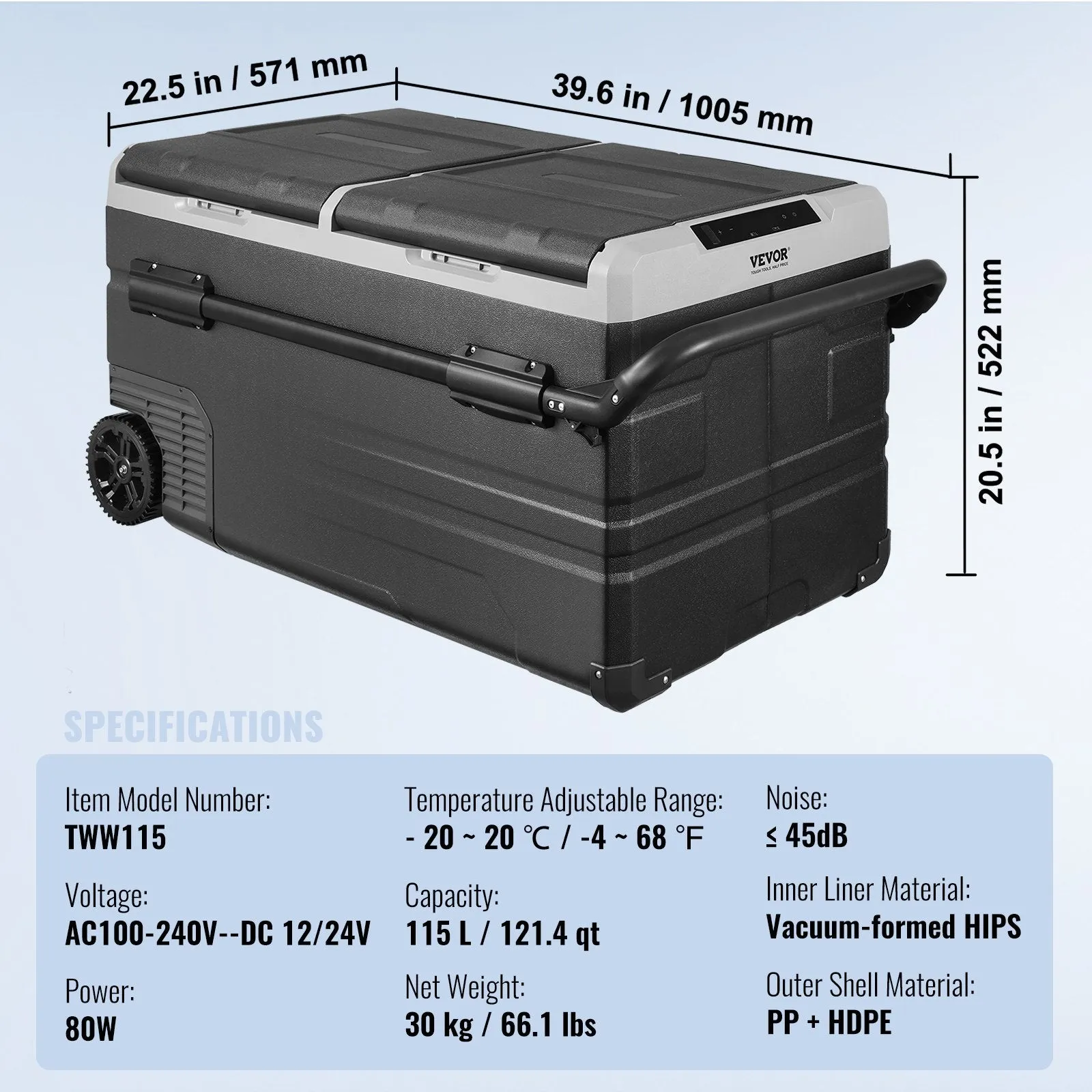 Vevor Car Refrigerator Freezer 121.4 Qt Portable Dual Zone -4°F to 68°F Temperature Adjustment New