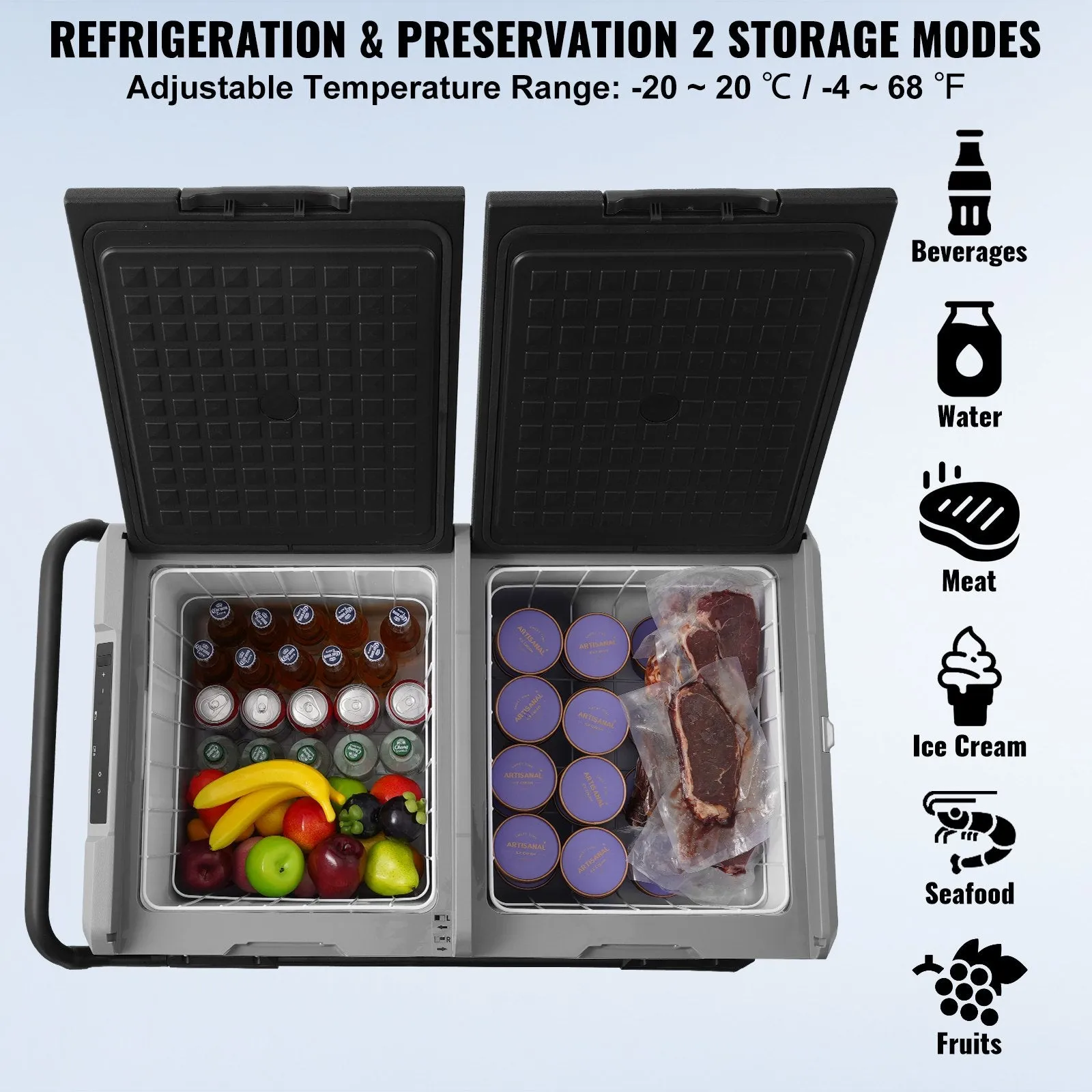 Vevor Car Refrigerator Freezer 121.4 Qt Portable Dual Zone -4°F to 68°F Temperature Adjustment New