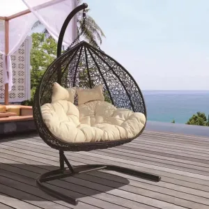 Wooden Twist Hanging Egg Swing Chair with Stand Egg Chair Wicker Indoor Outdoor Hammock Egg Chair with Cushions 550lbs for Patio, Bedroom, Garden and Balcony